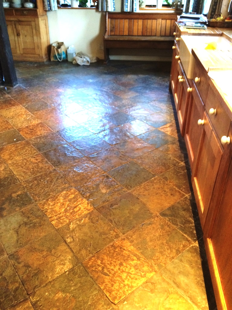 Slate Tiled Kitchen Farmhouse Floor Before Cleaning in Little Hampden