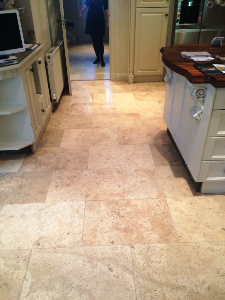 Limestone Tiled Kitchen Floor After Cleaning and Sealing in Marlow