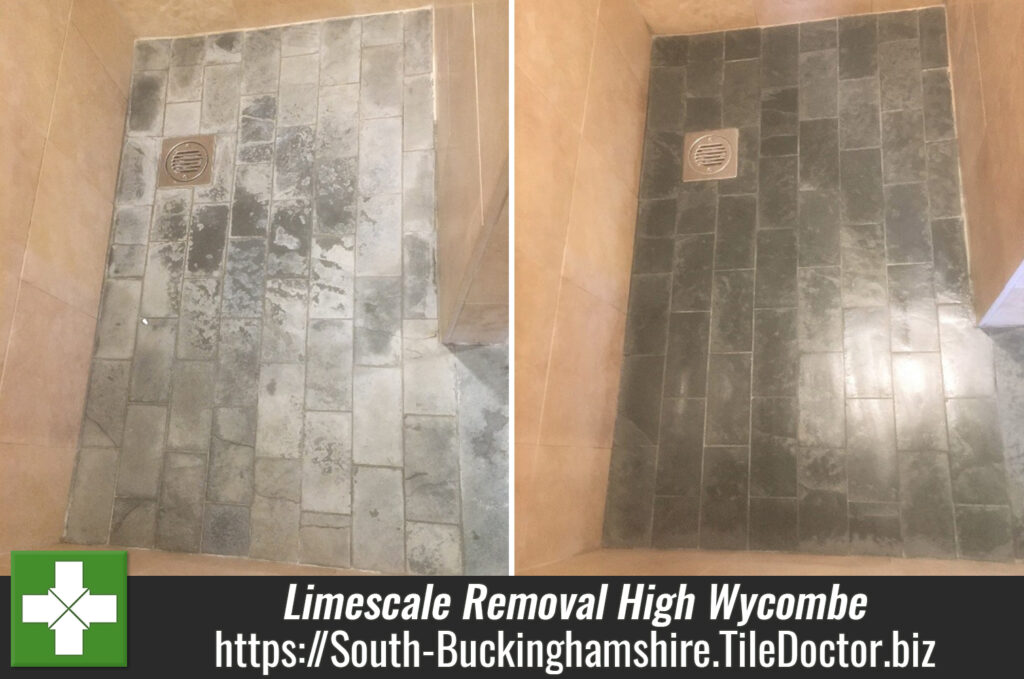 Slate Shower Floor Tiles Before After Limescale Cleaning in High Wycombe