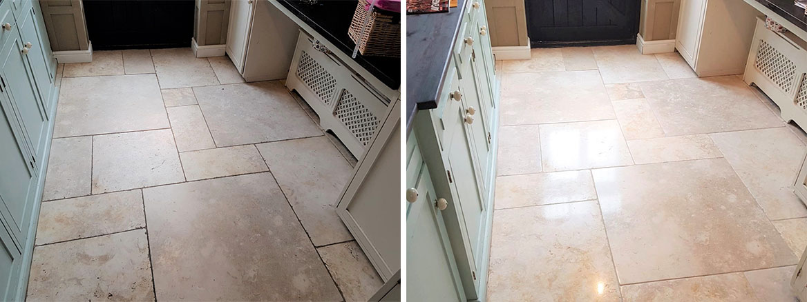 Limestone Tiled Kitchen Floor Before and After Cleaning Knotty Green