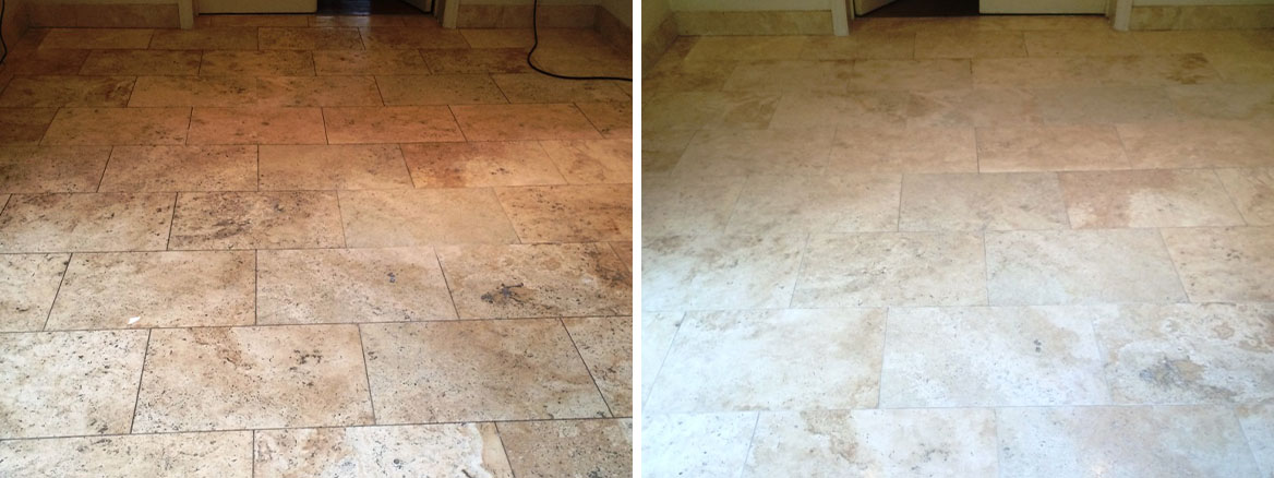 Limestone Tiled Kitchen Floor Before and After Cleaning and Sealing in Marlow