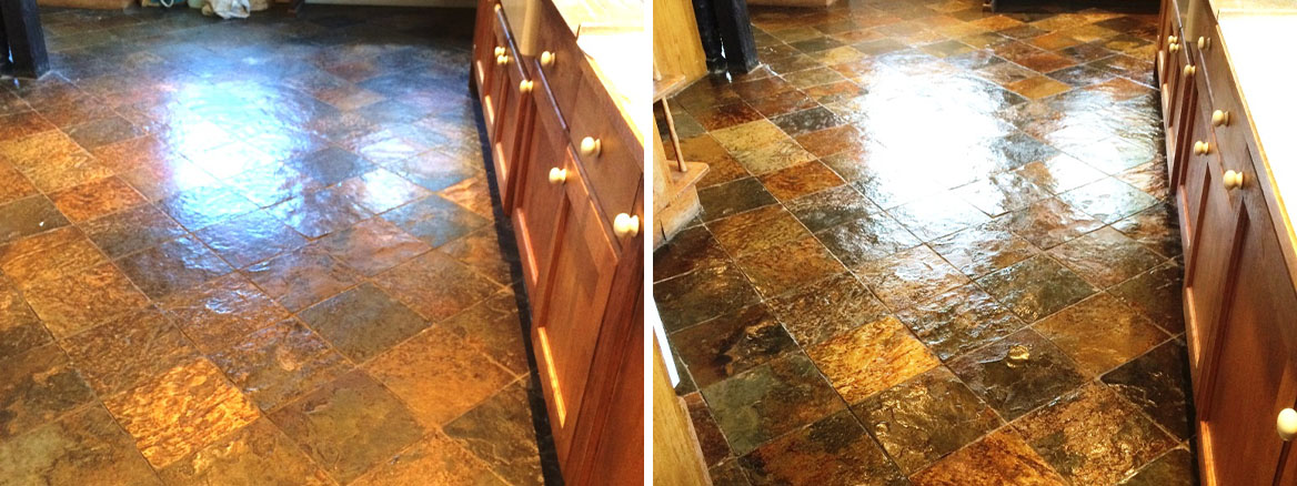 Slate Tiled Kitchen Farmhouse Floor Before and After Sealing in Little Hampden