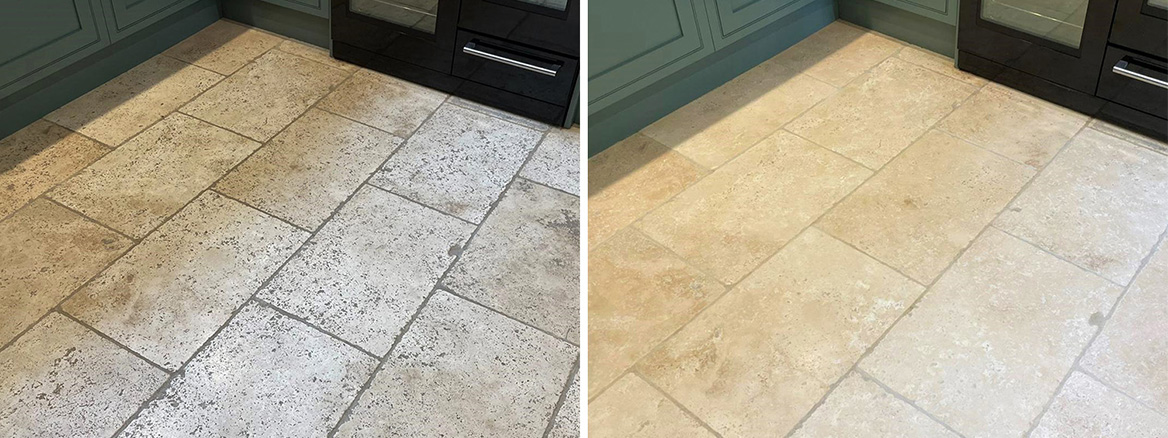 Dirty Travertine Kitchen Floor Renovated in Amersham